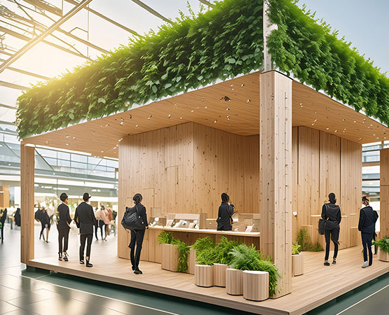 image of an eco-designed stand in light wood in an exhibition hall